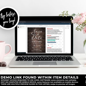 May include: A laptop screen displaying a digital mockup of a rustic wood Save the Date wedding announcement with the text "Save the Date" in white script font. The announcement features the names "Selina & Bruce" and the date "June 4th, 2021". The text "DEMO LINK FOUND WITHIN ITEM DETAILS" is displayed below the laptop.