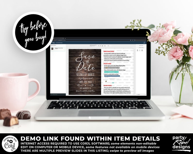May include: A laptop screen displaying a digital mockup of a rustic wood Save the Date wedding announcement with the text "Save the Date" in white script font. The announcement features the names "Selina & Bruce" and the date "June 4th, 2021". The text "DEMO LINK FOUND WITHIN ITEM DETAILS" is displayed below the laptop.
