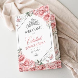 Pink Blush and Silver Floral Quinceañera Bi-Fold Program, Court of Honor Instant Download Editable Template, Padrinos, Mis Quince Años, QC44