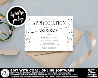 Appreciation Dinner Invitation Template, Appreciation Dinner Invitation, Retirement Dinner Template, Anniversary Dinner Template, Corjl DP03