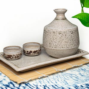 Sake set. Sake. Ceramic. Barware. Dinnerware. Japanese aesthetic. Bottle. Tray. Set. Drink.