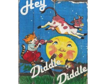 Hey Diddle Diddle Impresión en lienzo: Arte de rima infantil vintage