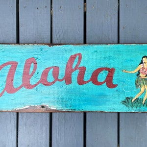WOOD SIGN Aloha vintage sign beach décor Hawaiian décor hula dancer art beach house art hawaii art hawaiian sign island decor fun Luau art