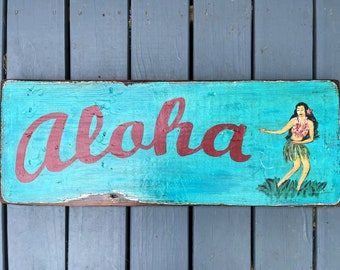 WOOD SIGN Aloha vintage sign beach décor Hawaiian décor hula dancer art beach house art hawaii art hawaiian sign island decor fun Luau art