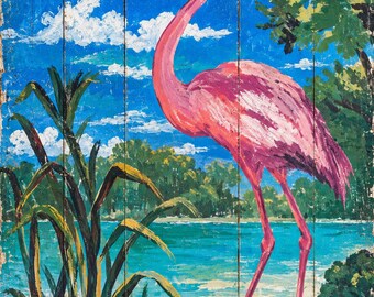 Vintage Flamingo Wood Sign, 24×30 Retro Florida Beach House Decor