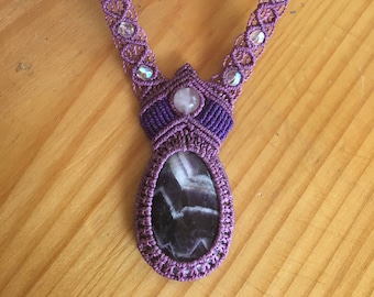 Amethyst & Rose Quartz Macrame' Necklace with Czech Glass Beads - Unique, Earthy and Magical