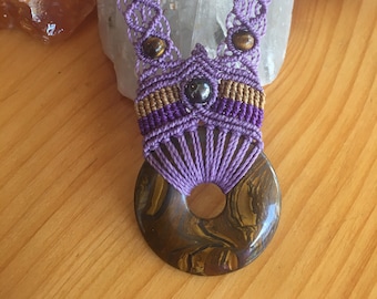 Lilac Macrame Necklace: Tiger's Eye, Hematite, Boho Hippie Jewelry