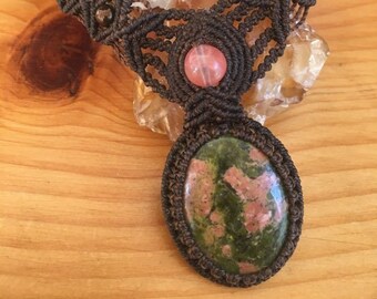 Macrame Unakite Jasper Choker: Boho Hippie Necklace