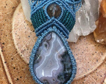 Moss Agate Macrame Necklace: Smoky Quartz & Silver Button Closure