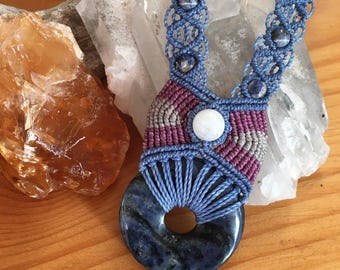 Dumortierite & Moonstone Macrame' Necklace with Sodalite Beads - Unique, Earthy and Magical