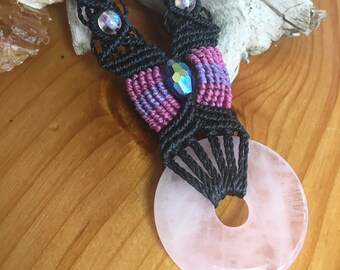 Macrame Rose Quartz Necklace: Boho Hippie Czech Glass Jewelry