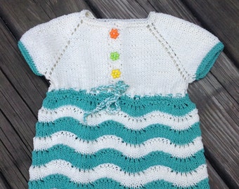 Knit baby dress , summer toddler knit dress , cream and green cotton ,  baby girl clothes , lace knit  ,  toddler knit top,