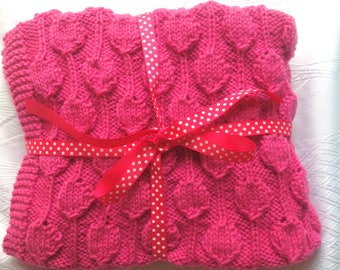 Baby blanket knitted in a hot pink color, baby girl gift, baby shower gift