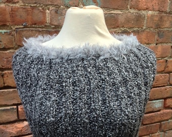 Hand knit wrap, chunky knit shoulder capelet , knitted cowl, charcoal gray capelet, winter accessories, crochet border with fur yarn