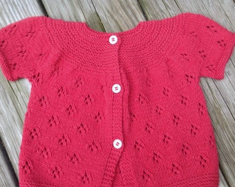 Newborn cardigan , knitted baby sweater, red cotton top, baby shower gift, baby girl clothes, lace knitwear