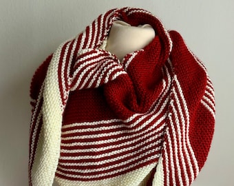 Asymmetrical knit shawl, off white and rust scarf, hand knit neck warmer, striped knit wrap