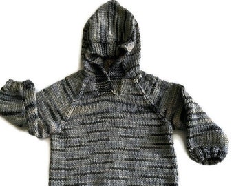 Knitted baby sweater, toddler pullover , child hoody, hand knit gray sweater, unisex children clothes