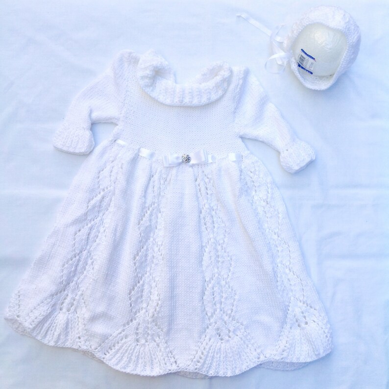 knit baby dress baptism baby dress white bonnet Made to order knit christening dress Christening dress christening set