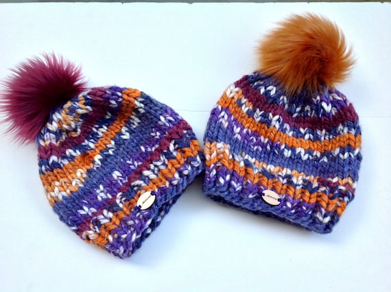 Cotton Knitted Winter Hat For Unisex Adult And Baby With Pompom Faux Fur Acrylic