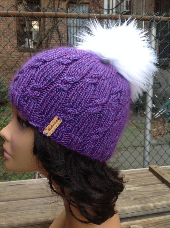 Faux Fur Pom Pom Hat Women Beanie Purple Hat With White Etsy