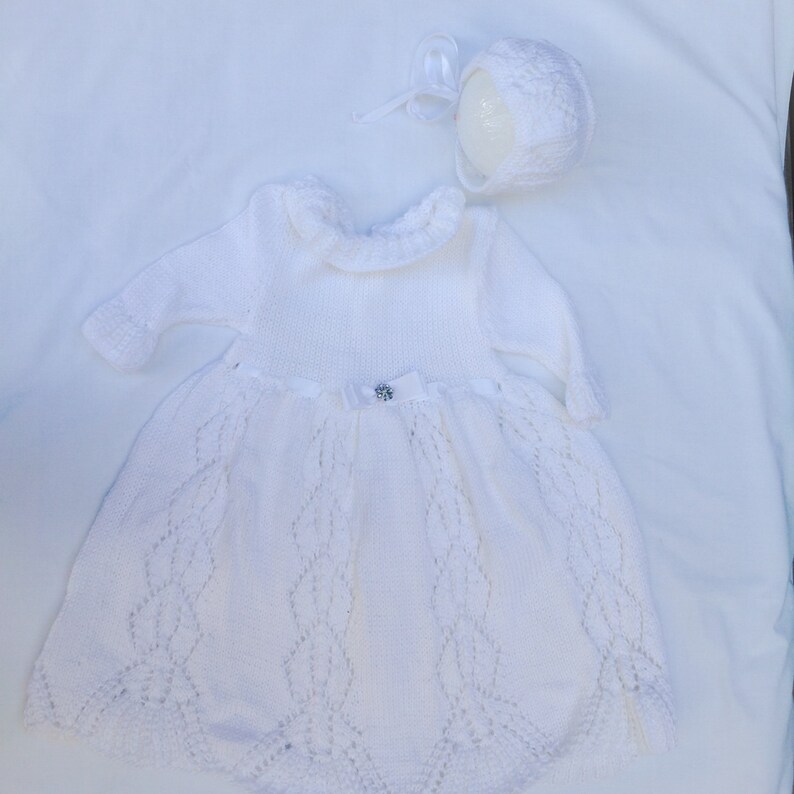 knit baby dress baptism baby dress white bonnet Made to order knit christening dress Christening dress christening set