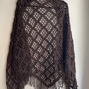 Crochet elegant shawl, triangular wrap with fringe, brown and metallic wrap