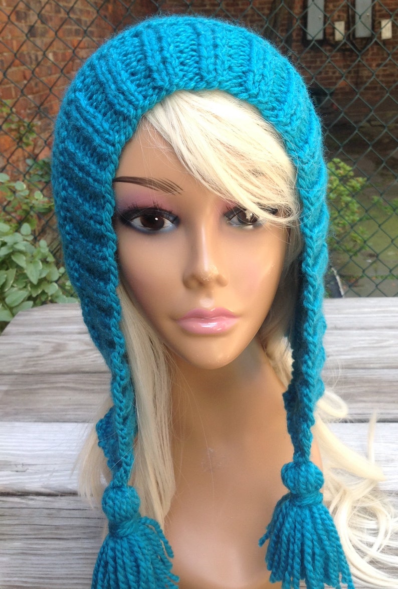chunky hat ear flap hat blue hood wool hooded hat with tassels