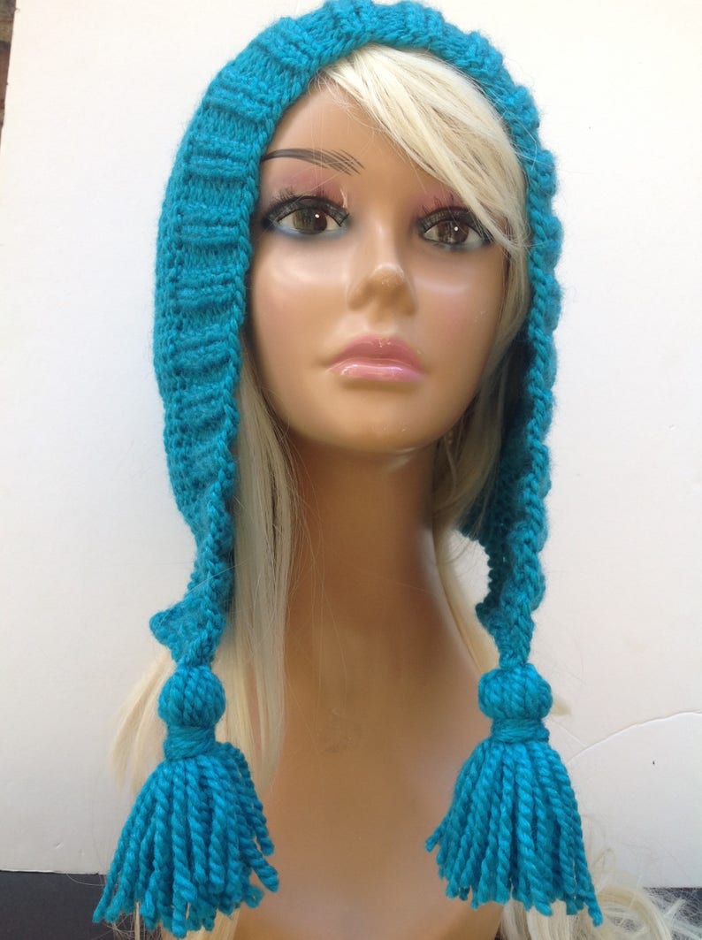 chunky hat ear flap hat blue hood wool hooded hat with tassels