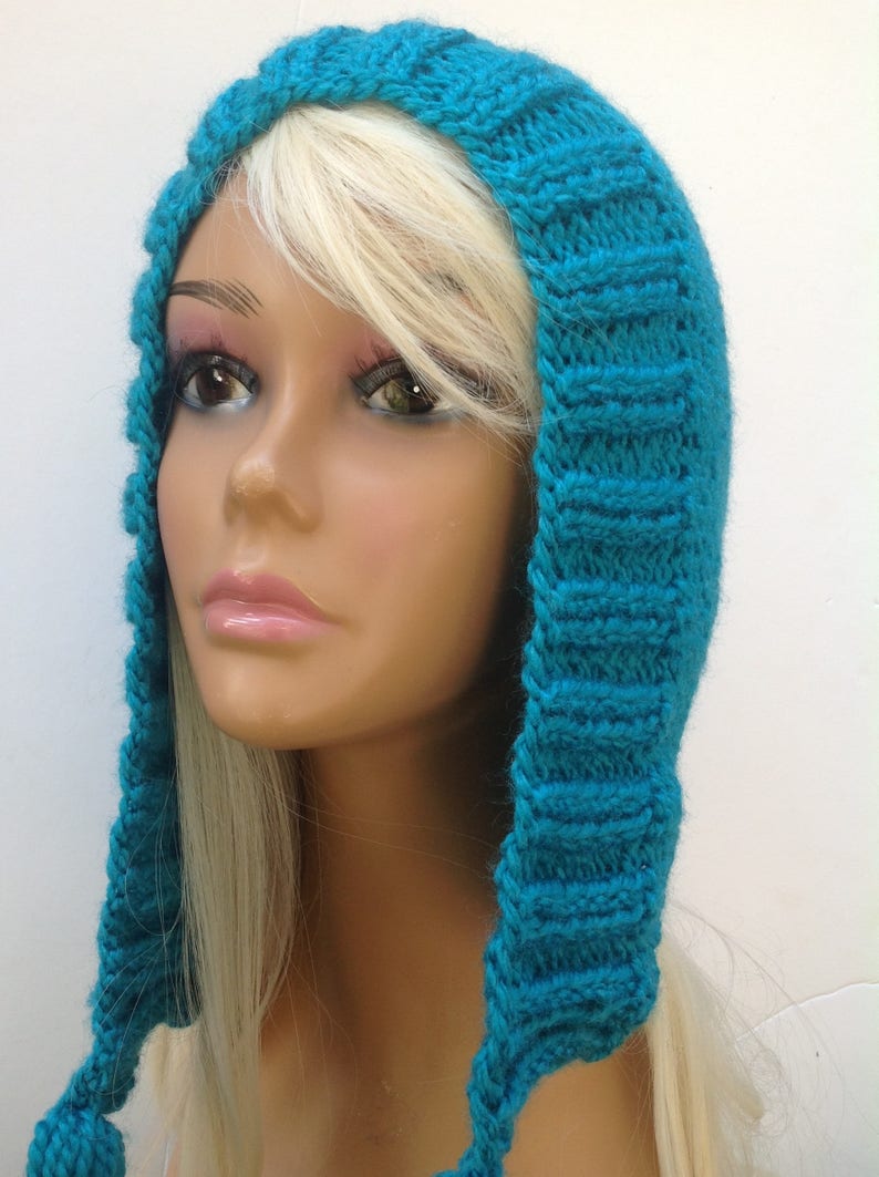 chunky hat ear flap hat blue hood wool hooded hat with tassels