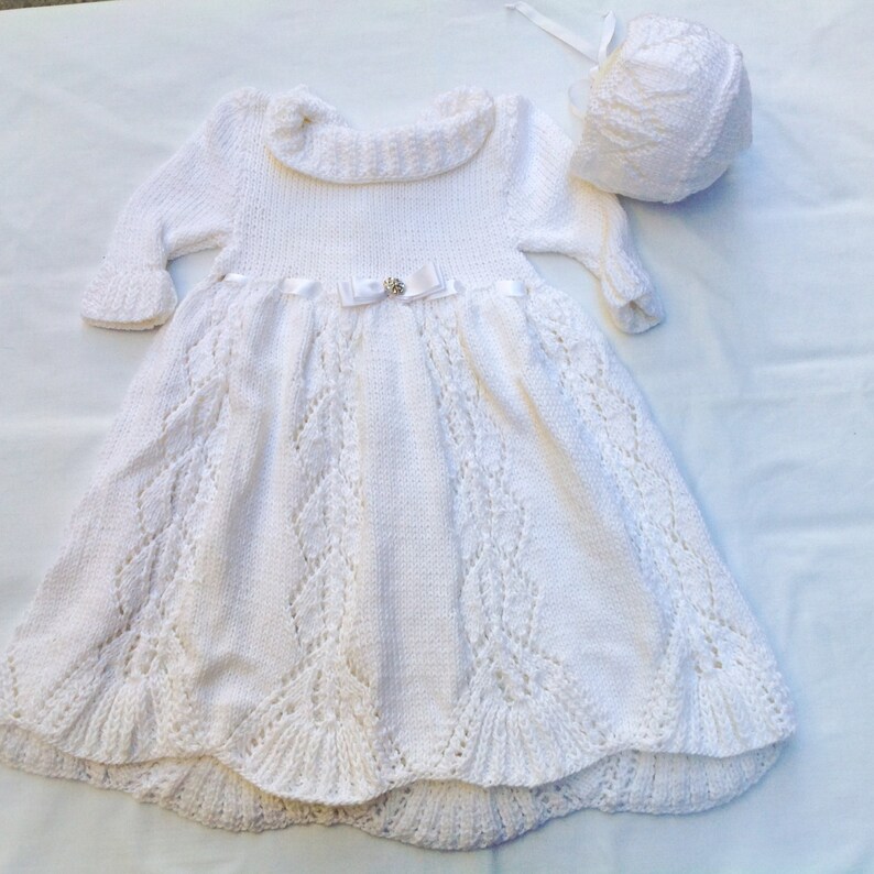 knit baby dress baptism baby dress white bonnet Made to order knit christening dress Christening dress christening set