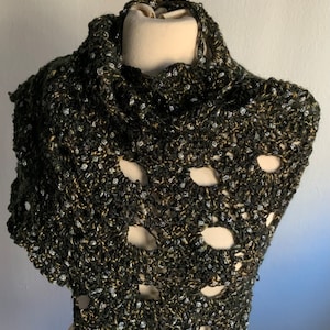 Crochet elegant shawl, black , gold and silver, formal wrap, triangular shawl