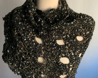 Crochet elegant shawl, black , gold and silver, formal wrap, triangular shawl
