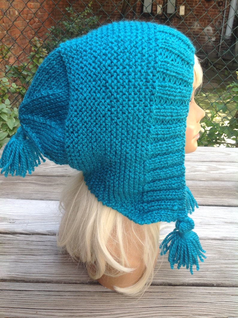 chunky hat ear flap hat blue hood wool hooded hat with tassels