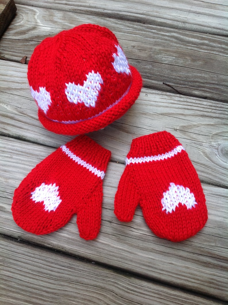 knitted toddler mittens Children beanie and mittens set knitted mittens in red with white hearts valentine/'day child set