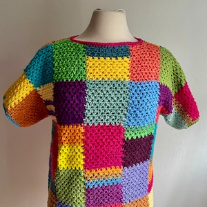 Crochet boho sweater, geometric jumper, multicolor patchwork pullover, Christmas gift, crochet retro sweater