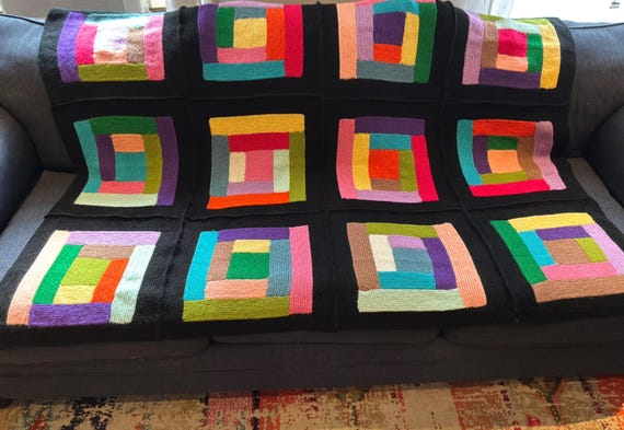 Log cabin blanket, knitted throw, multi colors Afghan, home decor, twin size, house warming gift