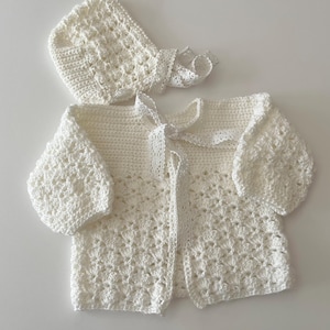 Newborn set, crochet baby cardigan with bonnet , Christening set,  photo prop ,baby shower gift , baby heirloom