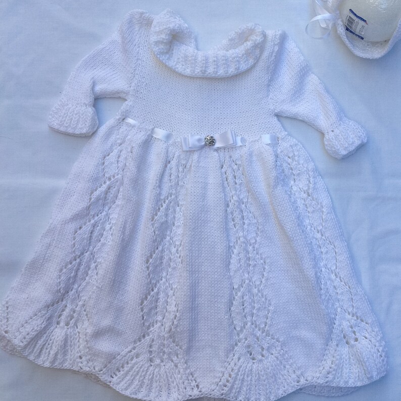 knit baby dress baptism baby dress white bonnet Made to order knit christening dress Christening dress christening set