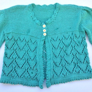 Baby cardigan, knitted cardigan, toddler top , green toddler jacket, cotton baby jacket, lace heart design, birthday gift