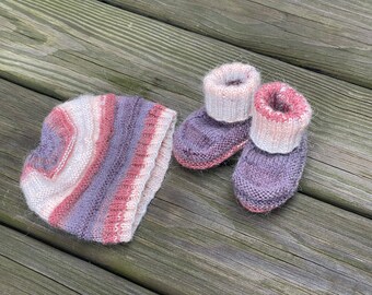 Knitted baby hat and booties set, wool and mohair , brown baby set, gender neutral baby gift, baby shower gift