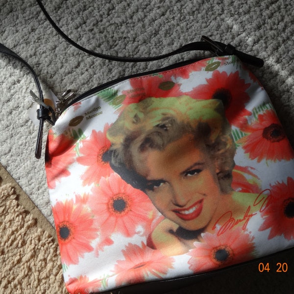 Marilyn Monroe style purse, logo,"jewels" in hair , ear, purse,  soft-sided with zipper, innner zipped pocket