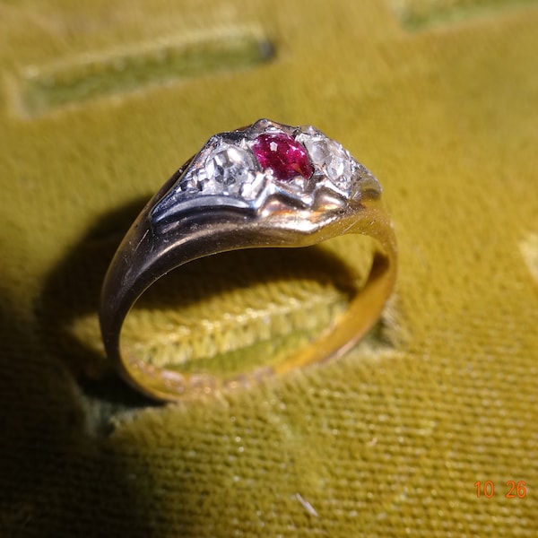 Vintage Lady ring , F&E ,hallmarks crown,18,anchor, h.  High marked. Garnet or ruby . size 7