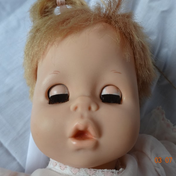 Doll,baby,PATTABURP, 1963, 17inch,DeeanCee under mattel license, she burps, lever, pink cloth body,original dress