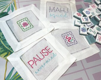 Embroidered Mahjong Linen Cocktail Napkins | Hostess Gift | Preppy Home | Southern Hospitality | Grandmillenial Decor | Mahj