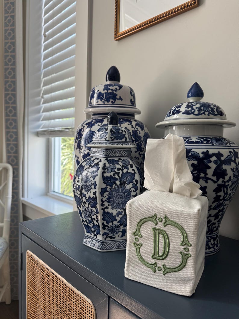 Monogrammed Tissue Box Cover | Monogrammed Home Decor | Custom Tissue Box | Dorm | Grandmillenial Tissue Cover | Maximalist | Mahj Hostess