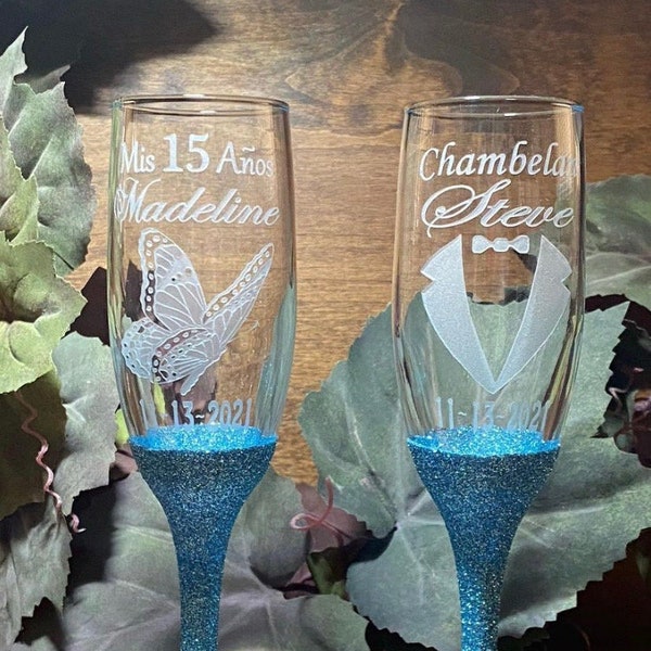 Butterfly Quinceañera Champagne Flute~ Butterfly Quinceañera Glasses~ Champagne Flutes with Butterfly Mis 15 Glasses