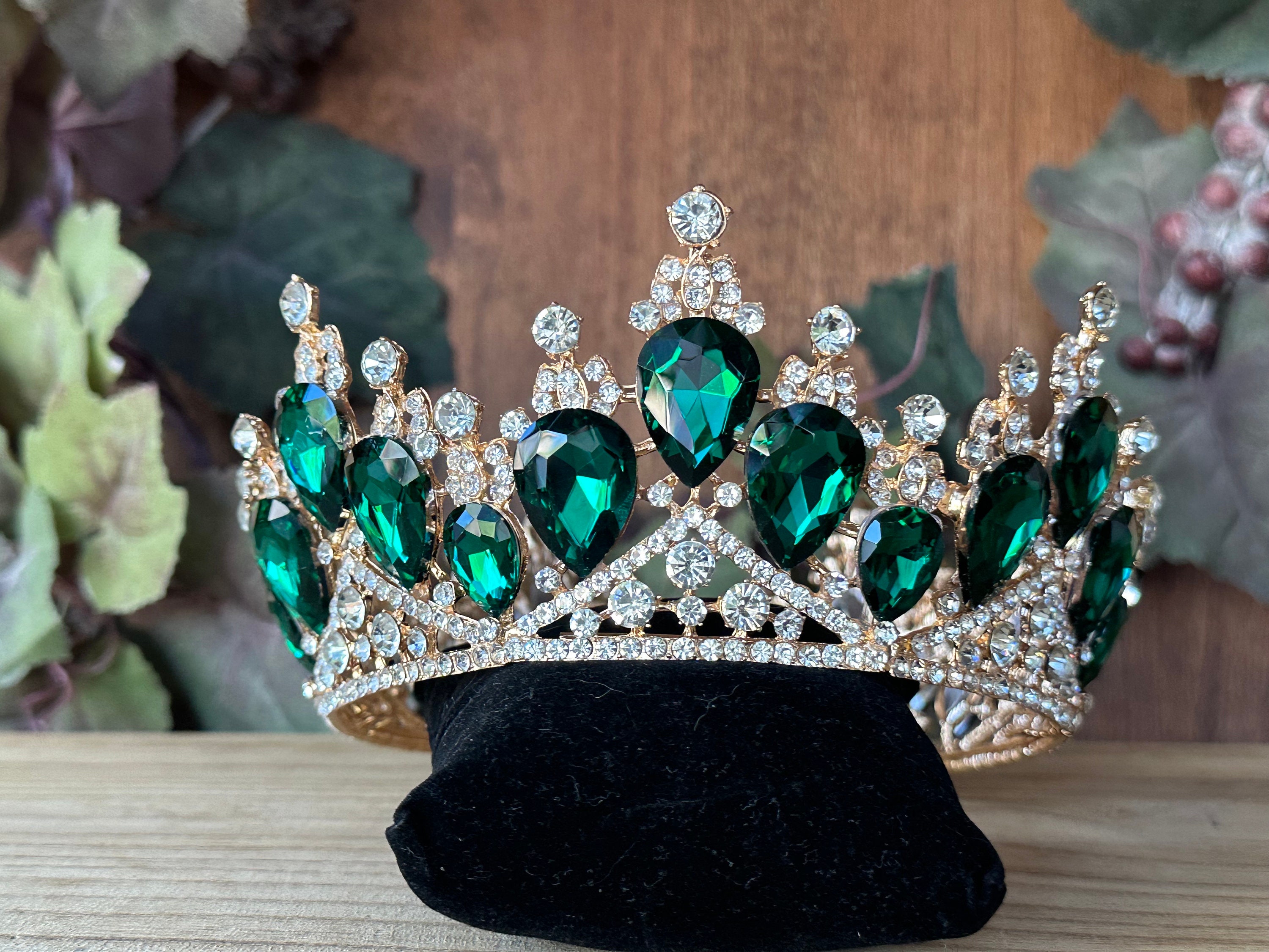 Quinceanera Crown, Green Rhinestone Crown, Large Size Crown, Gold Crystal Crown Quinceanera Crown | Emerald Green | Gold Tiara | Jewelry  main image 3