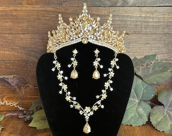 Champagne Heirloom Tiara Set, Quinceañera, Wedding Jewelry, Pageant, Gala