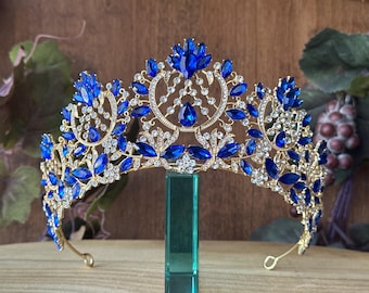 Blue & Gold Tiara for Quinceañera, Birthday Princess Pageants, Wedding, Royal Coronations, Proms