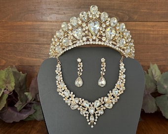 Large Crystal Stone & Gold Tiara: Quinceañera, Pageant, Princess Birthday, Wedding, Royal Celebrations